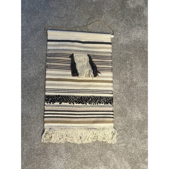 Handwoven Tapestry w/ Fringe Home Decor Boho Farmhouse Morracan Cream Black - Picture 3 of 9